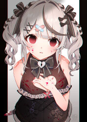  bandaid bandaid_hair_ornament bare_shoulders belt black_belt black_dress black_hair blood blood_on_face bow bowtie braid breasts cleavage_cutout clothing_cutout dress drill_hair empty_eyes female frilled_dress frills grey_hair hair_ornament heart_cutout highres holding holding_knife hololive knife large_breasts looking_at_viewer multicolored_hair official_alternate_costume red_eyes red_nails sakamata_chloe sakamata_chloe_(jirai_kei) satsuki_(pixiv_742410) solo streaked_hair twin_drills twintails virtual_youtuber yandere 