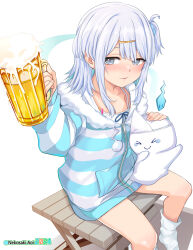  alcohol beer beer_mug blush breasts camisole cleavage commission cup female ghost grey_eyes hair_ornament hairclip highres holding holding_cup jacket long_sleeves looking_at_viewer medium_hair mug nekosaki pixiv_commission simple_background sitting small_breasts smile socks solo striped_clothes striped_jacket suzutuki_sui triangular_headpiece varium virtual_youtuber white_background white_camisole white_hair white_socks 