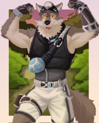  2024 anthro big_muscles biped black_eyes canid canine canis chapalele635613 digital_media_(artwork) epic_games flexing flexing_bicep flexing_both_biceps fortnite fur grey_body grey_fur hi_res looking_at_viewer male mammal muscular muscular_anthro muscular_male pixel_(artwork) solo wendell_(fortnite) white_body white_fur wolf yellow_sclera 