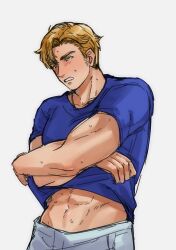  1boy abs bara blonde_hair blue_shirt blush commentary_request dmp221190800 facial_hair green_eyes highres lewis_smith lifting_own_clothes male_focus shirt short_hair sideburns_stubble simple_background solo stubble sweat undressing white_background yuuki_bakuhatsu_bang_bravern 