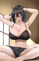  abs armpits arms_up black_bra black_hair black_shorts blush bra breasts collarbone commission female hair_tie_in_mouth highres huge_breasts indian_style kasumi_saika looking_at_viewer mouth_hold multicolored_hair red_eyes red_hair second-party_source shorts sitting solo streaked_hair sweat tying_hair underwear zenless_zone_zero zhu_yuan 