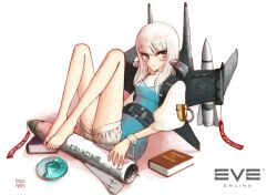  absurdres albino artist_request attack_ship_(eve_online) bare_legs barefoot battleship_(eve_online) belt black_belt blue_dress blush book breasts caldari_state_(eve_online) closed_mouth commentary copyright_name dress emblem eve_online female full_body hair_between_eyes highres ishukone_(eve_online) legs light_smile logo long_hair looking_at_viewer mecha_musume mechanical_wings medium_breasts missile personification raven_(eve_online) red_eyes science_fiction see-through_clothes see-through_wrist_cuffs shadow short_dress short_shorts shorts simple_background solo third-party_source white_background white_hair white_shorts white_sleeves wings wrist_cuffs 