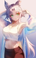  absurdres animal_ears arms_up breasts cleavage euzh266 feixiao_(honkai:_star_rail) female fox_ears green_eyes grey_hair highres honkai:_star_rail honkai_(series) large_breasts long_hair looking_to_the_side parted_lips single_bare_shoulder solo tank_top very_long_hair white_tank_top 