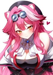  animal_ear_fluff animal_ears bare_shoulders beret black_hat black_tube_top blush breasts cleavage commentary female goggles goggles_on_head hair_between_eyes hair_intakes hat heart highres hololive hololive_english jacket large_breasts long_hair looking_at_viewer luyuluyu multicolored_hair off_shoulder panther_ears panther_girl pink_hair raora_panthera red_jacket smile solo strapless streaked_hair symbol-only_commentary tube_top upper_body virtual_youtuber white_hair white_unitard yellow_eyes 