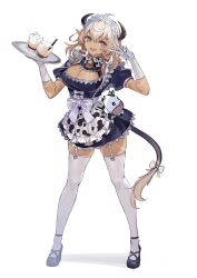  :3 ahoge animal_bag animal_print apron bell black_dress black_footwear blonde_hair bow breasts brown_eyes cleavage cow_girl cow_print cow_tail dress drinking_straw female full_body garter_straps glass gloves hairbow highres holding holding_tray horns itou_youichi kallou_anne_milk large_breasts low_twintails maid maid_apron maid_headdress neck_bell open_mouth pointy_ears puzzle_&amp;_dragons short_dress standing tail tail_bow tail_ornament tan thighhighs tray twintails v whipped_cream white_background white_gloves white_thighhighs 