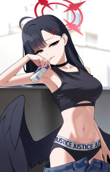  absurdres black_hair black_tank_top black_wings blue_archive choker clothes_writing denim drinking drinking_straw female hair_ornament halo highres ichika_(blue_archive) jeans juice_box long_hair pants red_halo tank_top tost_(cloi123) underwear wings 