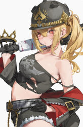  baseball_bat blonde_hair breasts female grey_background hair_between_eyes highres holding holding_baseball_bat leviathan_(hikinito0902) luciana_de_montefio medium_breasts red_eyes shirt side_ponytail simple_background solo tagme torn_clothes torn_shirt zenless_zone_zero 