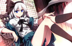  ass black_bow black_bowtie black_hairband black_ribbon black_socks blue_eyes blush book bookshelf bow bowtie bracelet chair collared_shirt commentary_request feet_out_of_frame female green_skirt green_vest hair_ribbon hairband hand_on_own_knee jewelry kneehighs konpaku_youmu konpaku_youmu_(ghost) open_clothes open_vest ribbon sazanami_mio shirt short_hair skirt sleeves_rolled_up smile socks solo touhou vest white_hair white_shirt 