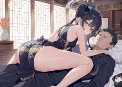  1boy ass bare_shoulders black_bow black_dress black_hair blue_archive blush bow breasts butterfly_hair_ornament china_dress chinese_clothes commentary cowgirl_position double_bun dragon_print dress female grey_eyes grey_halo hair_bun hair_ornament halo hokori_sakuni indoors kisaki_(blue_archive) long_hair looking_at_viewer lying pelvic_curtain print_dress sensei_(blue_archive) sleeveless sleeveless_dress small_breasts souvenir_doll_(blue_archive) straight thighs twintails wide_hips 