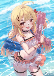  absurdres ahoge alternate_costume bikini blonde_hair breasts brown_eyes collarbone female frilled_bikini frills gun hair_between_eyes hair_ornament highres holding holding_gun holding_weapon hololive juu_p musical_note navel ocean off-shoulder_bikini off_shoulder open_mouth otonose_kanade small_breasts swimsuit virtual_youtuber water water_gun weapon wet 