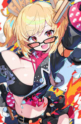  arm_up black_jacket black_skirt black_tube_top blonde_hair breasts burnice_white cleavage commentary_request female highres jacket large_breasts long_hair looking_at_viewer midriff navel omochishiki open_mouth rectangular_eyewear red-tinted_eyewear red_eyes shirt skirt smile solo strapless teeth tinted_eyewear tube_top turtleneck turtleneck_shirt twintails upper_teeth_only zenless_zone_zero 