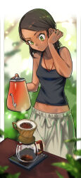  absurdres adjusting_hair blurry blurry_background breasts brown_hair cleavage clip_studio_paint_(medium) coffee coffee_maker commentary cooking dark-skinned_female dark_skin eudetenis female green_eyes highres holding holding_kettle jewelry kettle medium_hair midriff navel necklace original pants plant potted_plant shirt sleeveless sleeveless_shirt small_breasts solo sweat weighing_scale white_pants 