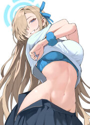  absurdres asuna_(blue_archive) black_skirt blue_archive blue_bra blue_eyes blue_halo blue_nails blue_ribbon blue_scrunchie blush bra breasts commentary_request female fingernails from_below hair_over_one_eye hair_ribbon halo haze_(ohw8g) highres large_breasts long_hair looking_at_viewer nail_polish ribbon scrunchie shirt simple_background skirt smile solo underwear undressing very_long_hair white_background white_shirt wrist_scrunchie zipper_skirt 