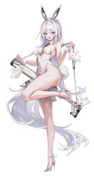  absurdres animal_ear_hairband animal_ears between_legs black_necktie blanc_(nikke) blush breasts covered_navel detached_collar fake_animal_ears fake_tail female fishnet_pantyhose fishnets full_body goddess_of_victory:_nikke grey_footwear grey_hair gun_sling hairband high_heels highres leotard looking_at_viewer medium_breasts necktie pantyhose playboy_bunny r0_0ong rabbit rabbit_ear_hairband rabbit_ears rabbit_tail short_necktie simple_background smile solo standing standing_on_one_leg strapless strapless_leotard tail white_background white_leotard yellow_eyes 