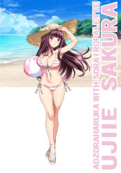  ball beach beachball bikini blue_sky breasts brown_eyes character_name cleavage cloud day female flower front-tie_bikini_top front-tie_top full_body hat hat_flower highres horizon large_breasts long_hair ocean original outdoors pink_bikini red_eyes sandals side-tie_bikini_bottom sky solo soranokakera01 straw_hat striped_bikini striped_clothes swimsuit ujiie_sakura_(soranokakera01) 