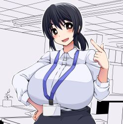  black_hair breasts brown_eyes commentary_request female hand_on_own_hip highres huge_breasts imagawa_akira impossible_clothes impossible_shirt lanyard office_lady original pointing pointing_at_self ponytail shirt solo upper_body white_shirt 