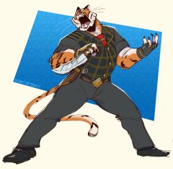  2024 absurd_res action_pose anthro belt bennycartoonist big_muscles blue_background border bottomwear claws clothed clothing epic_games felid fingerless_gloves footwear fortnite fur gloves handwear hi_res holding_object holding_weapon knife male mammal melee_weapon musclegut muscular muscular_anthro muscular_male narrowed_eyes necktie open_mouth oscar_(fortnite) pantherine pants pose roaring sharp_teeth shirt shoes simple_background solo standing teeth tiger tongue topwear tuft vest weapon whiskers white_border 