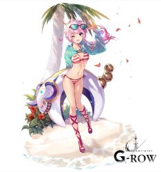  ;d beach bikini breasts commentary_request cropped_jacket dare_ga_tame_no_alchemist eyewear_on_head female floating_hair full_body hand_up long_hair looking_at_viewer mira_(dare_ga_tame_no_alchemist) navel no_socks oerba_yun_fang official_alternate_costume official_art one_eye_closed outdoors palm_tree pink_footwear pink_hair ponytail purple_eyes red-framed_eyewear rinzo second-party_source side-tie_bikini_bottom skin_fang smile solo standing standing_on_one_leg striped_bikini striped_clothes swimsuit thighs toeless_footwear tree white_innertube 