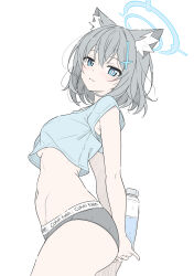  animal_ear_fluff animal_ears arms_behind_back blue_archive blue_eyes blue_halo blue_shirt blush bottle breasts calvin_klein closed_mouth commentary cropped_shirt cross cross_hair_ornament female grey_hair grey_panties hair_between_eyes hair_ornament halo highres inverted_cross looking_at_viewer medium_breasts mismatched_pupils navel panties shiroko_(blue_archive) shirt short_hair short_sleeves simple_background solo stomach t1kosewad underwear water_bottle white_background wolf_ears wolf_girl 