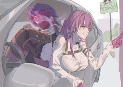  1boy ass bent_over black_shorts blade_(honkai:_star_rail) blue_hair breasts car car_interior clothing_cutout collared_shirt female gloves glowing glowing_eyes gnarlypzofbread high-waist_shorts highres honkai:_star_rail honkai_(series) honkai_impact_3rd kafka_(honkai:_star_rail) large_breasts let&#039;s_fucking_go_(meme) meme motor_vehicle open_mouth pantyhose ponytail purple_eyes purple_gloves purple_hair purple_pantyhose red_eyes shirt shorts shoulder_cutout wendy_(honkai_impact) white_shirt 