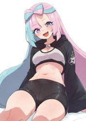  aqua_hair black_shorts black_shrug blush bow-shaped_hair breasts cleavage commentary female grey_sports_bra highres iono_(pokemon) kamidan long_hair long_sleeves looking_at_viewer midriff multicolored_hair navel open_mouth pink_eyes pink_hair pokemon pokemon_sv sharp_teeth shorts shrug_(clothing) simple_background sitting sleeves_past_wrists smile solo split-color_hair sports_bra stomach teeth thighs two-tone_hair white_background 