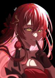  alternate_costume artist_name bare_shoulders black_background black_choker black_gloves breasts choker cleavage dress earrings eden_(honkai_impact) female finger_to_mouth gloves hair_ornament highres honkai_(series) honkai_impact_3rd jewelry khuffi large_breasts long_hair parted_lips red_dress red_hair solo upper_body yellow_eyes 