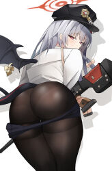  ass black_hat black_pantyhose black_wings blue_archive braid female grey_hair gun halo haruna_(blue_archive) hat highres holding holding_gun holding_weapon long_hair looking_at_viewer looking_back pantyhose red_eyes red_halo shirt simple_background single_braid single_wing solo umber00 weapon white_background white_shirt wings 