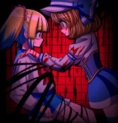  2girls absurdres blonde_hair blood blood_on_clothes blood_on_face blood_on_hands blue_bow blue_eyes blue_hair blue_skirt blunt_bangs bow breasts closed_mouth commentary_request cowboy_shot flat_chest grid_background hat hat_bow high-waist_skirt highres horror_(theme) kusaremix long_sleeves medium_breasts medium_hair multicolored_hair multiple_girls original profile red_background shaded_face shirt short_hair skirt smile twintails two-tone_hair white_hat white_shirt 