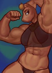  abs absurd_res anthro bra capybara caviid clothing diadorin female flexing flexing_bicep food fruit fur half-closed_eyes hi_res male mammal muscle_tone muscular muscular_anthro muscular_male narrowed_eyes orange_(fruit) plant rodent simple_background solo sports_bra tan_body tan_fur thong underwear 