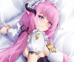  blue_eyes breasts butterfly_hair_ornament closed_mouth cropped dakimakura_(medium) elf elysia_(honkai_impact) elysia_(miss_pink)_(honkai_impact) elysia_(miss_pink_elf)_(honkai_impact) fake_horns female gloves hair_ornament honkai_(series) honkai_impact_3rd horns large_breasts long_hair looking_at_viewer lying maid maid_headdress official_alternate_costume on_side pink_hair pointy_ears puffy_short_sleeves puffy_sleeves second-party_source short_sleeves solo upper_body white_gloves wu_ganlan_cai 