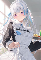  apron blue_hair blush colored_inner_hair female hair_ornament highres holding holding_tray indoors lize_helesta lize_helesta_(9th_costume) long_hair long_sleeves looking_at_viewer maid maid_headdress me_meel multicolored_hair nijisanji purple_eyes sebastian_piyodore smile solo tray twintails virtual_youtuber white_apron white_hair 