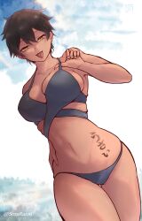  absurdres beach bikini black_bikini black_hair breasts dark_skin earrings female highres jewelry kurobe_natsumi_(shiromanta) large_breasts senpai_ga_uzai_kouhai_no_hanashi short_hair slit_pupils smile sora_raion stomach swimsuit tan tomboy tongue tongue_out yellow_eyes 