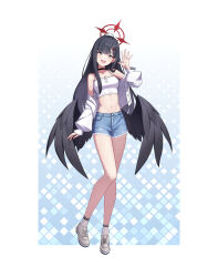  absurdres bare_shoulders black_choker black_hair black_wings blue_archive breasts buttons choker cleavage collarbone crop_top denim denim_shorts feathered_wings female grey_eyes hair_ornament hair_over_breasts hair_over_shoulder hairclip halo hand_up highres hoze ichika_(blue_archive) jacket long_hair long_sleeves looking_at_viewer low_wings medium_breasts midriff narrow_waist navel off-shoulder_jacket off_shoulder open_mouth outstretched_hand pocket red_halo shoes short_shorts shorts simple_background smile socks solo standing standing_on_one_leg stomach thighs unusually_open_eyes white_background white_footwear white_socks wings 