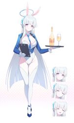  absurdres alternate_costume blue_archive blue_jacket blue_necktie blush bottle breasts champagne_flute closed_eyes closed_mouth commentary cup drinking_glass expressions female full_body gloves halo headgear highres holding holding_tray jacket large_breasts leotard long_hair looking_at_viewer mechanical_halo misyune necktie noa_(blue_archive) open_mouth playboy_bunny purple_eyes simple_background smile standing strapless strapless_leotard thighhighs thighs tray very_long_hair white_background white_gloves white_hair white_halo white_leotard white_thighhighs white_wrist_cuffs wine_bottle wrist_cuffs 