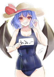  0002koko absurdres bat_wings blue_hair female hat hat_ribbon highres mob_cap one-piece_swimsuit red_eyes remilia_scarlet ribbon school_swimsuit short_hair solo straw_hat swimsuit touhou wings 