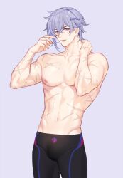  1boy abs artist_name black_male_swimwear bulge hair_between_eyes highres honkai:_star_rail honkai_(series) male_focus male_swimwear moze_(honkai:_star_rail) muscular muscular_male navel purple_background purple_eyes purple_hair rourouki scar short_hair solo stomach topless_male 