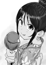  absurdres black_hair bright_pupils candy_apple clenched_hand female fingernails floral_print food gradient_background grey_background hair_between_eyes hair_bun highres holding holding_food incoming_food inu_chikushou itoko_no_ko japanese_clothes kimono long_bangs looking_at_viewer looking_up nape pov skinny smile solo sou_(itoko_no_ko) straight_hair tan tongue tongue_out yukata 