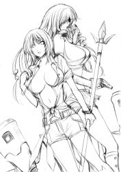  2girls belt breasts closed_mouth collared_shirt commentary_request cowboy_shot dot_nose drill_hair feet_out_of_frame friulian_spear greyscale hand_up height_difference holding holding_paper holding_polearm holding_trident holding_weapon itsuwa large_breasts line_art long_hair medium_hair monochrome multiple_girls navel non-humanoid_robot nonnon_(yudenonno) open_clothes open_shirt oriana_thomason paper paper_in_mouth parted_lips partial_commentary polearm robot science_fiction security_robot_(toaru_majutsu_no_index) shirt short_shorts short_sleeves shorts spear stomach tied_shirt toaru_majutsu_no_index toaru_majutsu_no_index:_old_testament traditional_media trident weapon 