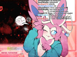  2024 anthro big_ears blep blue_eyes blush clothing eeveelution english_text female fur generation_6_pokemon green_clothing green_hoodie green_topwear hair hi_res hoodie livestream long_hair nintendo one_eye_closed pink_body pink_fur pink_hair pokemon pokemon_(species) shaded signature solo sylveon text thwillartz tongue tongue_out topwear vince_(thwillartz) white_body white_fur 