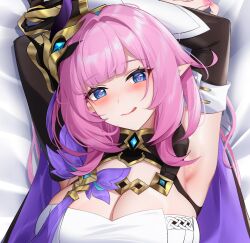  armpits arms_up blue_eyes breasts cleavage corset cropped dakimakura_(medium) elf elysia_(honkai_impact) elysia_(miss_pink_elf)_(honkai_impact) female hair_ornament honkai_(series) honkai_impact_3rd large_breasts long_hair lying on_back pink_hair pointy_ears second-party_source solo tongue tongue_out upper_body white_corset wu_ganlan_cai 