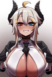  absurdres ahoge between_breasts black_necktie blonde_hair blush breasts breasts_squeezed_together cleavage_cutout clothing_cutout collar demon_girl demon_horns female gloves gradient_background grey_hair hair_between_eyes heterochromia highres horns huge_breasts jacket looking_at_viewer mole mole_on_breast mole_under_eye multicolored_hair necktie necktie_between_breasts original red_eyes scar scar_across_eye scar_on_cheek scar_on_face sharp_teeth sideboob sidelocks smile streaked_hair sung08ko teeth two-tone_hair white_gloves 