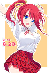  akino_subaru arm_behind_head arms_up blue_eyes border breasts cowboy_shot dated female hair_ribbon hatsukoi_1/1 large_breasts looking_at_viewer open_mouth outline outside_border plaid_clothes plaid_skirt ponytail red_hair red_skirt ribbon school_uniform shirt shirt_tucked_in sidelocks simple_background skirt smile solo swept_bangs tsukishima_kyou white_border white_outline white_shirt yellow_background yellow_ribbon 