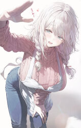  apron braid breasts commentary_request cowboy_shot denim female grey_eyes hand_on_own_knee hand_up heart incoming_headpat jeans kurono_mitsuki large_breasts leaning_forward long_sleeves looking_at_viewer open_mouth original pants pink_sweater smile solo standing sweater swept_bangs translation_request twin_braids white_apron white_background white_hair 