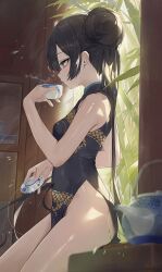  bare_shoulders black_dress black_hair blue_archive blush breasts china_dress chinese_clothes dema_hmw double_bun dragon_print dress female grey_eyes hair_bun halo highres kisaki_(blue_archive) long_hair pelvic_curtain small_breasts solo teapot thighs twintails 