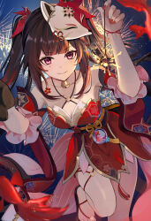  aerial_fireworks bare_shoulders bell black_choker black_sash breasts butterfly-shaped_pupils choker criss-cross_halter detached_sleeves dress female fireworks flower_tattoo fox_mask halterneck highres holding holding_fireworks honkai:_star_rail honkai_(series) leg_up looking_at_viewer mark_under_both_eyes mask mask_on_head medium_breasts miyanami_3 neck_bell o-ring reaching reaching_towards_viewer red_dress red_nails red_sleeves sash smile solo sparkle_(honkai:_star_rail) symbol-shaped_pupils tattoo 