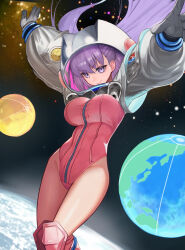  bb_(fate) bb_cosmo_(fate) breasts fate/grand_order fate_(series) female genshu_doki helmet highres large_breasts leotard long_hair long_sleeves looking_at_viewer pink_leotard planet purple_eyes purple_hair shrug_(clothing) smile solo space_helmet 