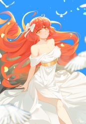  absurdres alternate_costume asu_0602 bird bow bowtie breasts choker cleavage dress female highres ishmael_(project_moon) limbus_company off-shoulder_dress off_shoulder orange_eyes orange_hair project_moon solo white_bow white_bowtie white_choker white_dress 