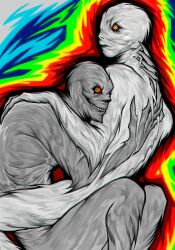  2024 absurd_res air_creature air_humanoid annya_zombie duo elemental_creature elemental_humanoid fur grey_body grey_fur hi_res hug humanoid hurricane hurricane_humanoid living_hurricane looking_at_viewer male multicolored_eyes muscular muscular_humanoid muscular_male nude_humanoid nude_male rainbow_eyes soul_devouring_eyes white_body white_fur 