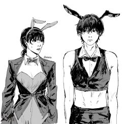  1boy alternate_costume animal_ears borrowed_design bow bowtie breasts chainsaw_man cleavage commentary crop_top detached_collar ekar1n english_commentary fake_animal_ears female greyscale highres jacket male_playboy_bunny midriff mitaka_asa mole mole_under_eye mole_under_mouth monochrome official_alternate_costume playboy_bunny rabbit_ears shirt sleeveless sleeveless_shirt small_breasts sweat traditional_bowtie vest yoshida_hirofumi 