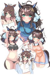  ahoge alternate_costume animal_ears apron armpits arms_up black_hair blue_eyes breasts casual commentary_request daring_tact_(umamusume) female hair_ornament hanamura_pink highres horse_ears horse_girl horse_tail looking_at_viewer medium_breasts smile smug solo star_(symbol) star_hair_ornament steaming_body swimsuit tail towel translation_request umamusume white_background 